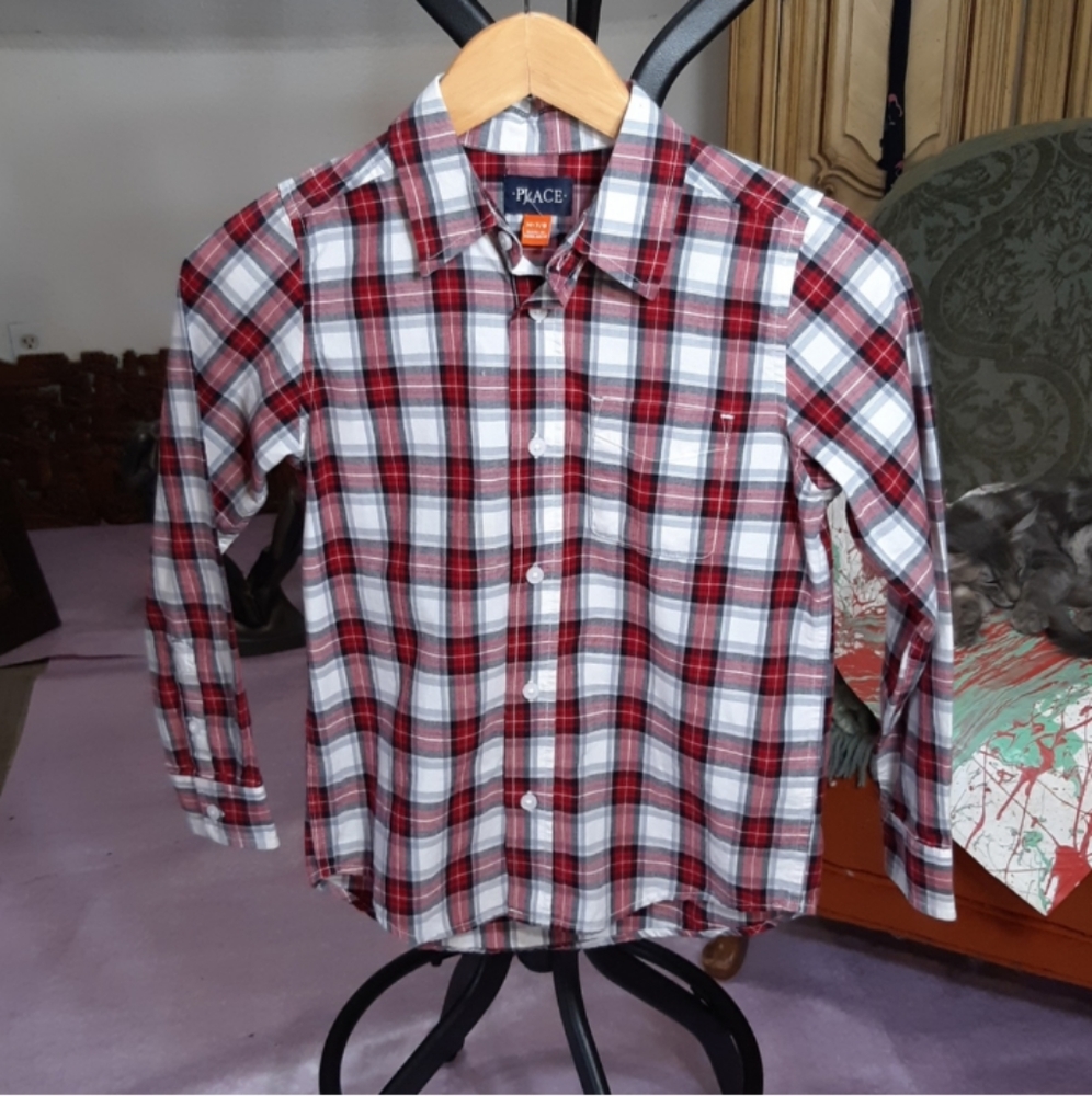 Kids long sleeve button up shirt Med PLACE Plaid Red Gray